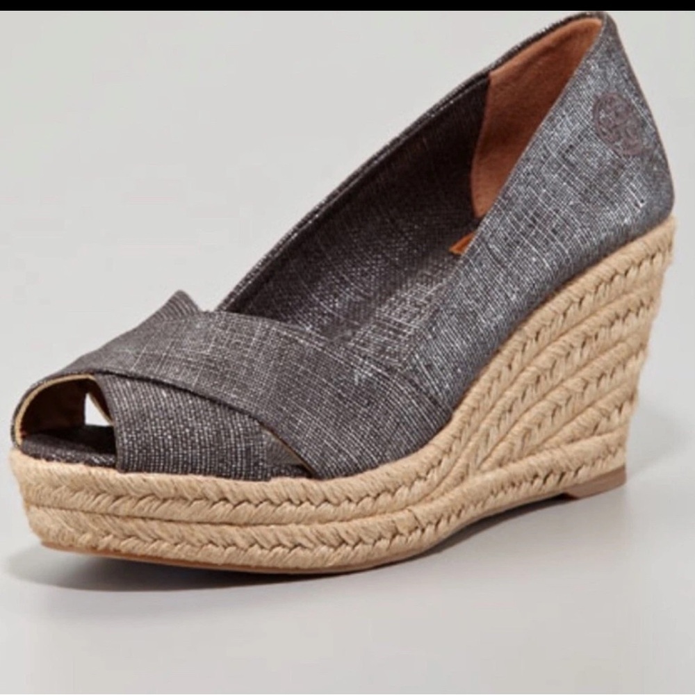 Tory Burch Gray Canvas Peep-Toe Espadrille Wedges